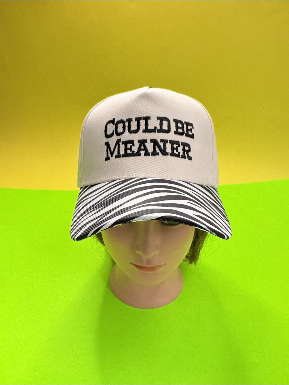 Could Be Meaner Embroidered White Baseball Cap with Black Zebra Visor